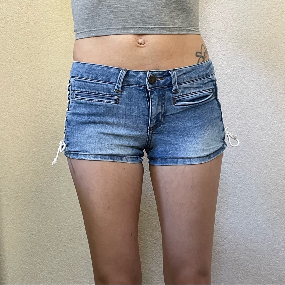 Blue Asphalt Denim shorts with cute tie legs!